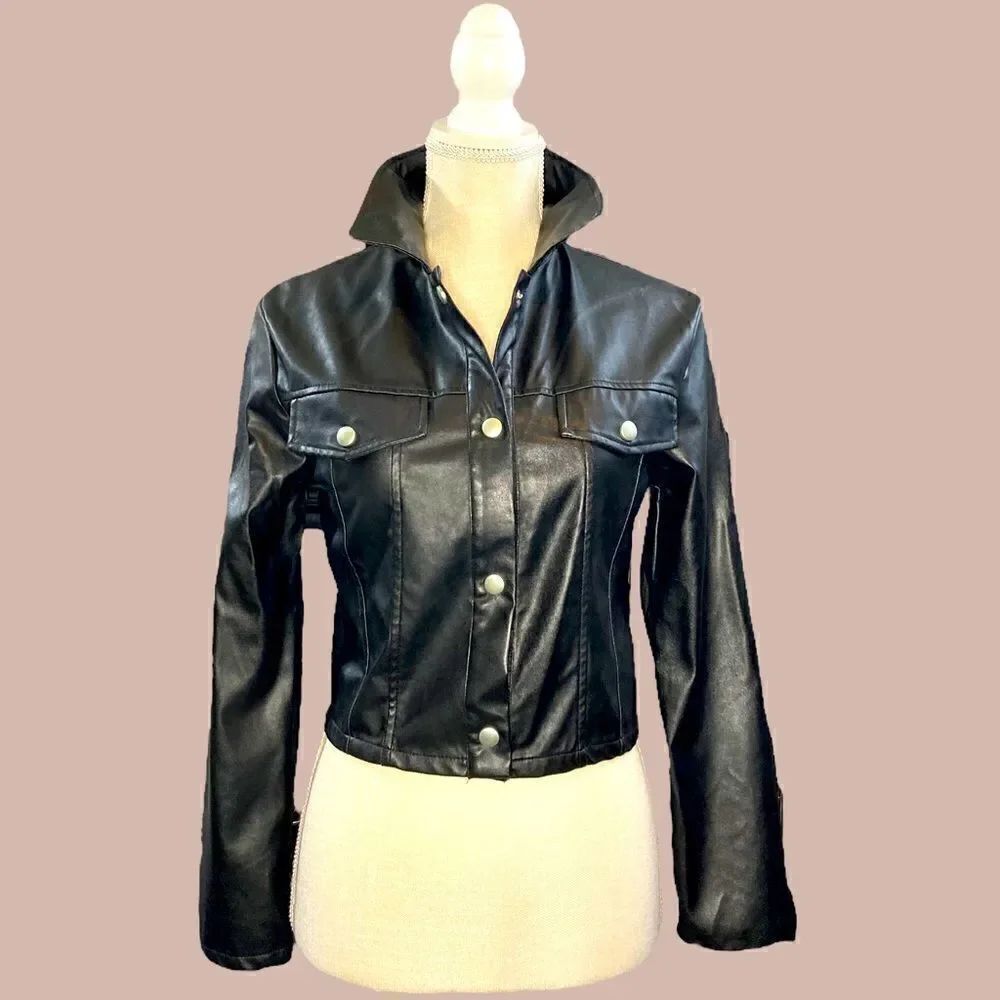 Black Faux Leather Cropped Button Down Lightweight Jacket